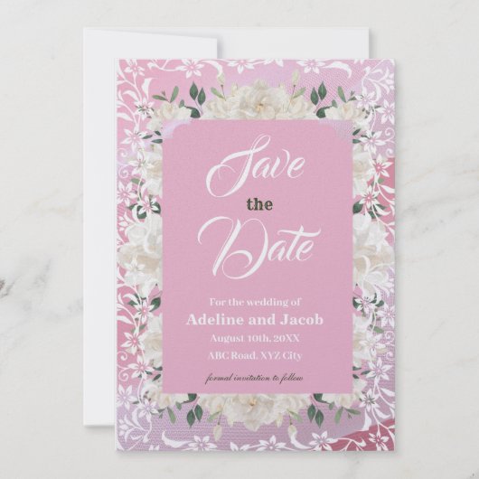 Witte & roze bloemen & stencils SAVE THE DATE kaar Kaart (Voorkant)