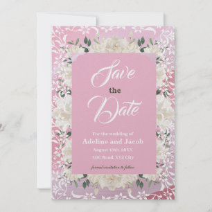 Witte & roze bloemen & stencils SAVE THE DATE kaar Kaart
