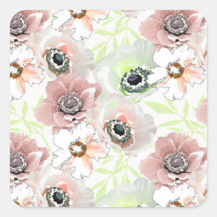 Witte, roze bloemen. vierkante sticker