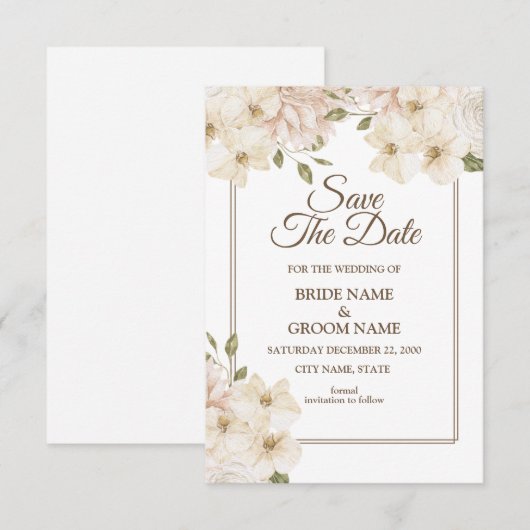 Witte Roze Bloemrijke Lijst Moderne Trouw Save The Date (Voorkant / Achterkant)
