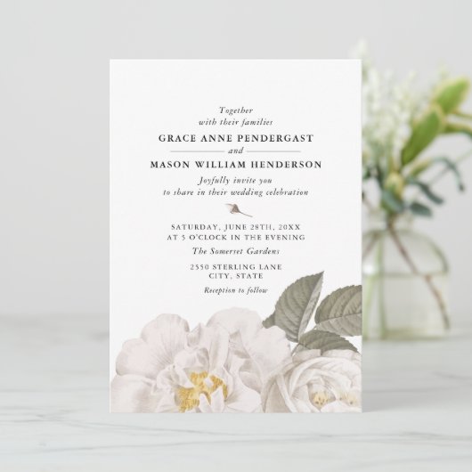 witte roze botanische bruiloft kaart (Staand voorkant)