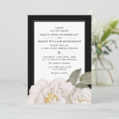 witte roze botanische Floral Black Wedding Kaart (Staand voorkant)
