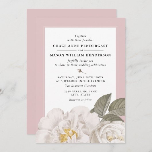 witte roze botanische Floral roze bruiloft Kaart (Voorkant / Achterkant)