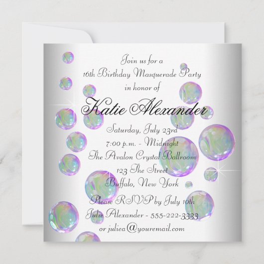 Witte Roze Bubbels Sweet Sixteen Masquerade Party Kaart (Achterkant)