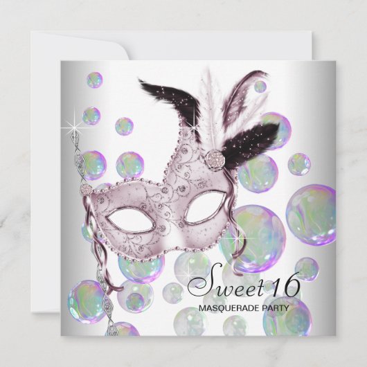 Witte Roze Bubbels Sweet Sixteen Masquerade Party Kaart (Voorkant)