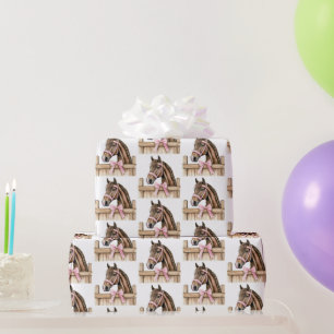 Witte Roze Cowgirl Paarden Hek Verjaardag Cadeaupapier