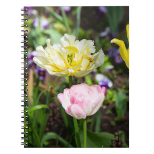 Witte, roze en gele tulpen in de tuin notitieboek