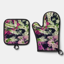 Witte, roze en paarse bloem ovenwant & pannenlap set