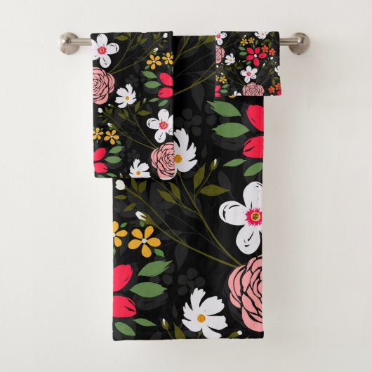 witte roze Floral Black penseelstreken Bad Handdoek (Insitu)