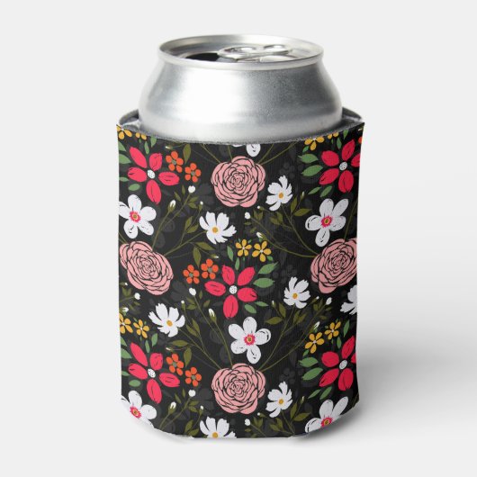  witte roze Floral Black penseelstreken Blikjeskoeler (Blikje Voorkant)