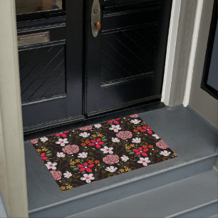 witte roze Floral Black penseelstreken Deurmat