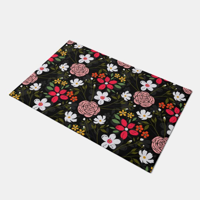  witte roze Floral Black penseelstreken Deurmat (Schuin)