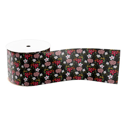 witte roze Floral Black penseelstreken Grosgrain Lint (Spoel)