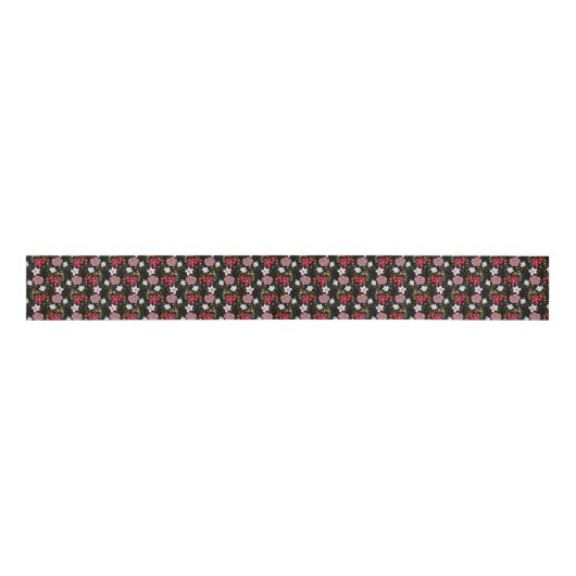  witte roze Floral Black penseelstreken Grosgrain Lint (Voorkant)