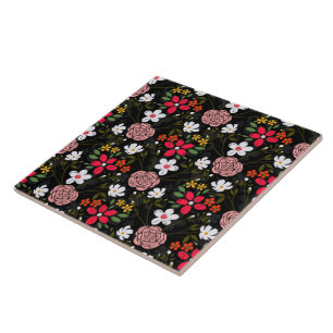  witte roze Floral Black penseelstreken Tegeltje