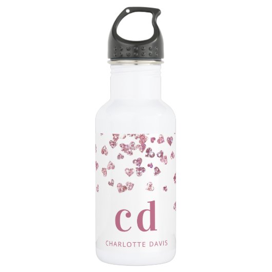 Witte roze glitter harten monogram initiaal waterfles (Voorkant)