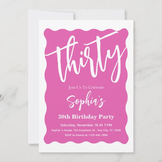 Witte & Roze Golvende Curve Moderne 30e Verjaardag Kaart (Voorkant)