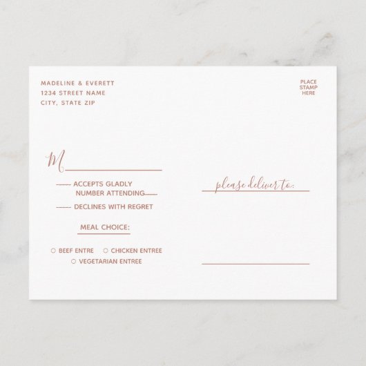 Witte & Roze Gouden Agate Trouwmaaltijd Keuze RSVP Uitnodiging Briefkaart (Achterkant)