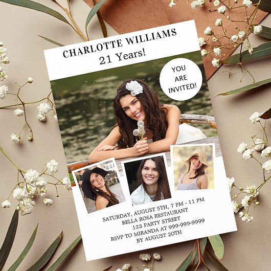 Witte roze gouden fotocollage uitnodiging briefkaart