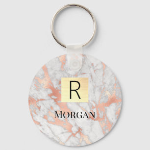Witte & Roze Gouden Marmer Gouden Doos, Naam & Mon Sleutelhanger
