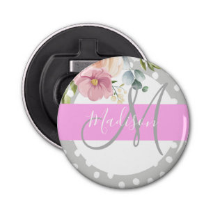 Witte roze grijze monogram voor Chic & Girly Flora Button Flesopener