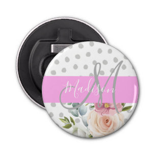 Witte roze grijze monogram voor Chic & Girly Flora Button Flesopener