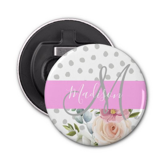 Witte roze grijze monogram voor Chic & Girly Flora Button Flesopener (Voorkant)