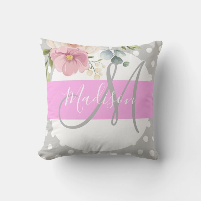 Witte roze grijze monogram voor Chic & Girly Flora Kussen (Voorkant)