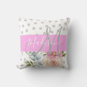 Witte roze grijze monogram voor Chic & Girly Flora Kussen