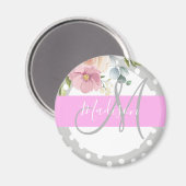 Witte roze grijze monogram voor Chic & Girly Flora Magneet (Voorkant / Achterkant)