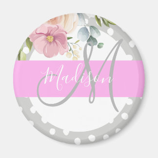 Witte roze grijze monogram voor Chic & Girly Flora Magneet