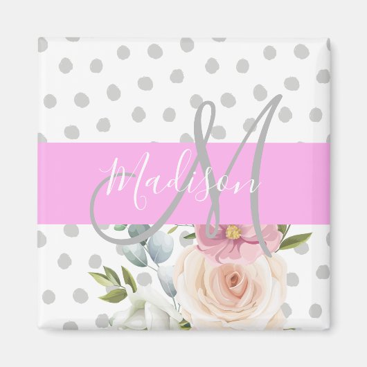 Witte roze grijze monogram voor Chic & Girly Flora Magneet (Voorkant)