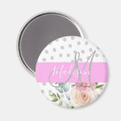 Witte roze grijze monogram voor Chic & Girly Flora Magneet (Voorkant / Achterkant)