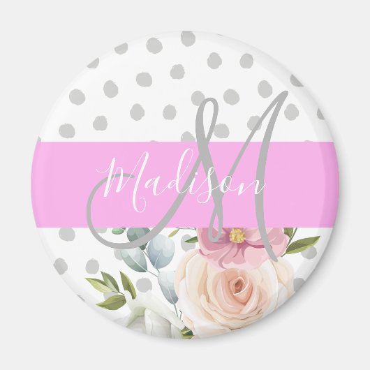 Witte roze grijze monogram voor Chic & Girly Flora Magneet (Voorkant)
