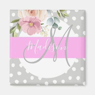 Witte roze grijze monogram voor Chic & Girly Flora Magneet