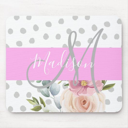 Witte roze grijze monogram voor Chic & Girly Flora Muismat (Voorkant)