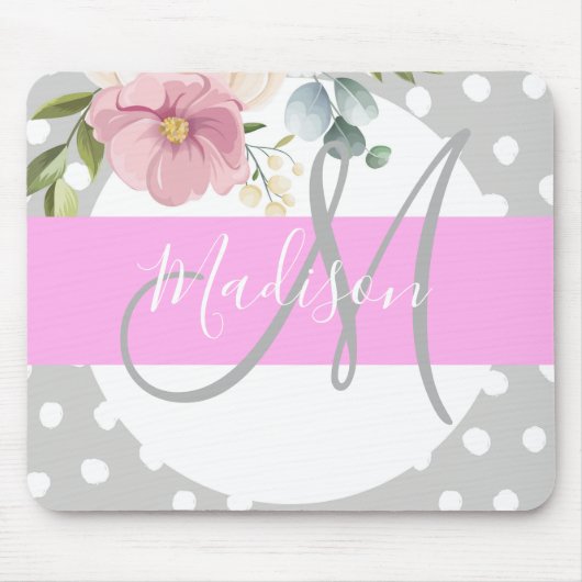 Witte roze grijze monogram voor Chic & Girly Flora Muismat (Voorkant)