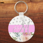 Witte roze grijze monogram voor Chic & Girly Flora Sleutelhanger (Voorkant)