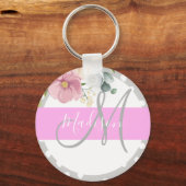 Witte roze grijze monogram voor Chic & Girly Flora Sleutelhanger (Voorkant)