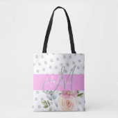Witte roze grijze monogram voor Chic & Girly Flora Tote Bag (Voorkant)