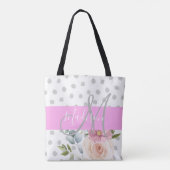 Witte roze grijze monogram voor Chic & Girly Flora Tote Bag (Achterkant)