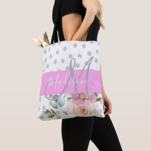 Witte roze grijze monogram voor Chic & Girly Flora Tote Bag