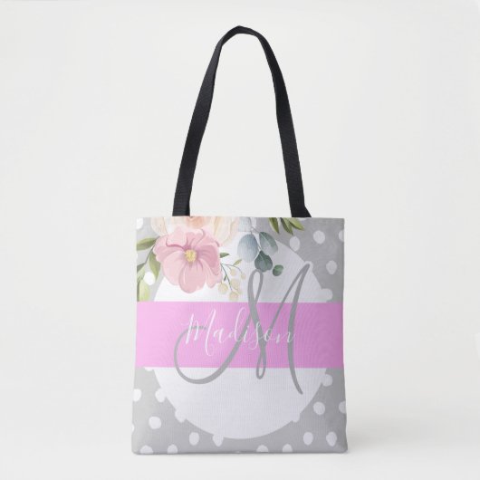 Witte roze grijze monogram voor Chic & Girly Flora Tote Bag (Voorkant)