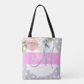 Witte roze grijze monogram voor Chic & Girly Flora Tote Bag (Achterkant)