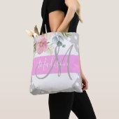 Witte roze grijze monogram voor Chic & Girly Flora Tote Bag (Dichtbij)
