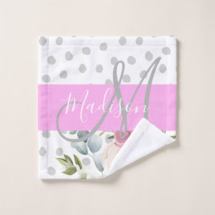 Witte roze grijze monogram voor Chic & Girly Flora Washandje
