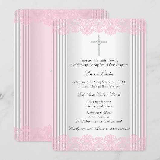 Witte Roze Kant Kruis Doop Christening Kaart (Voorkant / Achterkant)