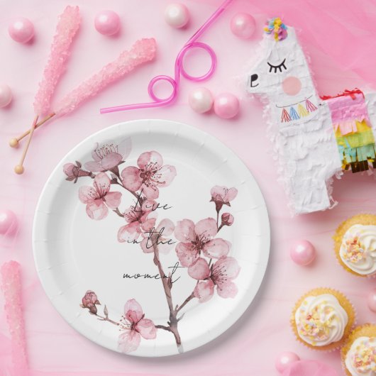 Witte Roze Kersenbloesem Bloem Papieren Bordje (Feest)