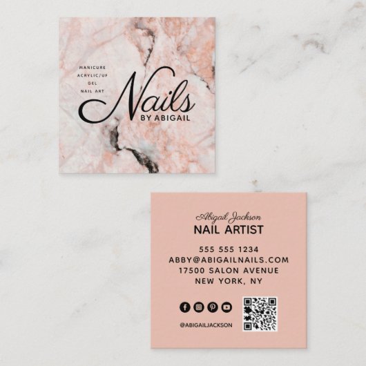 Witte roze marmer-nagels op naam QR-codepper Vierkante Visitekaartje (Voorkant / Achterkant)