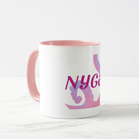 Witte/roze mok met tentakel design en NYGEL logo (Voorkant links)